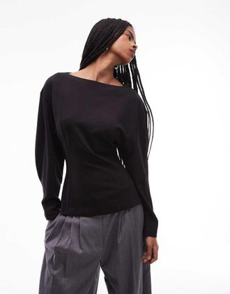 & Other Stories Top a maniche lunghe drappeggiato nero con scollo a barchetta