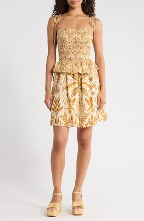 Sugarlips Calina Tropical Irvine Smocked Tie Strap Cotton Sundress in Cream-Brown at Nordstrom, Size X-Small