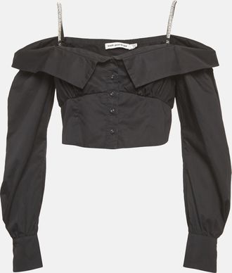 Self Portrait Black Cotton Embellished Off Shoulder Crop Top