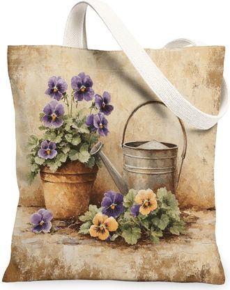 Generic Spring Farmhouse Pansy Canvas Tote Bag for Shopping 13x15, Rustic Vintage Floral Reusable Grocery Print Bag for Women, Country Flower Beach Aesthetic 
