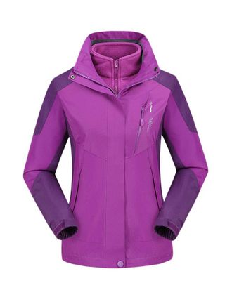 Yonglan Couple Men/Women 3 in 1 Waterproof Breathable Jacket Detachable Inner Casual Outdoor Warm Jacket Purple F 5XL