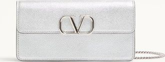 Valentino Garavani Portafoglio Con Catena VLogo Signature In Vitello Granato Metallizzato Donna SILVER UNI