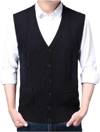 Generic Mens Sleeveless Jumpers Knitted Gilets with Buttons and Pockets Knitted Waistcoats Plain Sweater Vests Sleeveless Cardigan Ribbed Knitwear Gentleman V