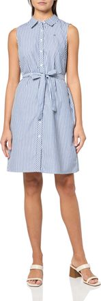 Tommy Hilfiger Womens Sleeveless Collared Button Front Tie Waist Mini Shirt Dress Casual, Marina Blue/Bright White, 12