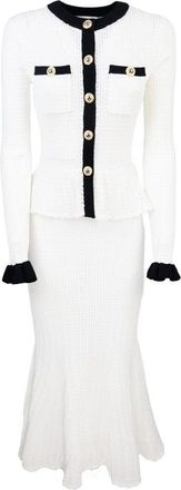Self Portrait White Pointelle Knit Contrast Midi Dress