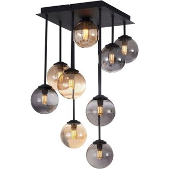QAZQA Qazqa - Modern Ceiling Light Black with Amber and Smoke Glass 9-Lights - Athens