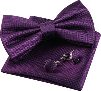 Alizeal Mens Solid Color Pre-tied Bow Tie, Pocket Square and Cufflinks Business Wedding Formal Tie Set, Plum Purple