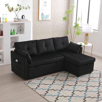 Direct Wicker L-Shape Sofa with Storage & Pull-Out Bed, 3-in-1 Convertible Couch in Black | Size: 1 Pack