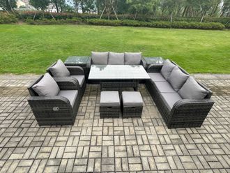 Fimous Outdoor Garden Patio Furniture Wicker Rattan Oblong Rectangular Dining Table & Lounge Sofa set with Adjustable Chair 2 Side Table in Dark Grey