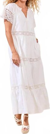Tribal Cotton Poplin Lace-Trim Tiered V-Neck Maxi Dress In White