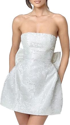 Generic Womens Jacquard Backless Bow Dress Solid Color Sexy Strappy Mini Gown Sleeveless Applique Corset Prom Dresses (White,XS)