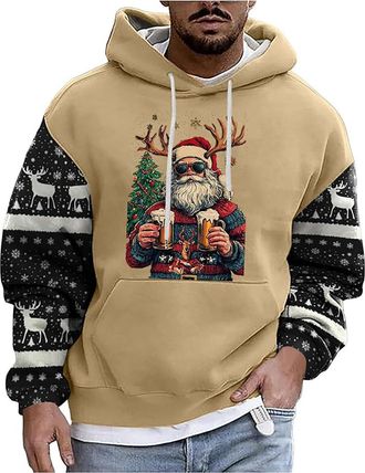 Generic Mens Christmas Hoodies Funny 3D Reindeer Print Hooded Jumper Festive Novelty Long Sleeve Pullover Cosy Winter Xmas Party Sweatshirt