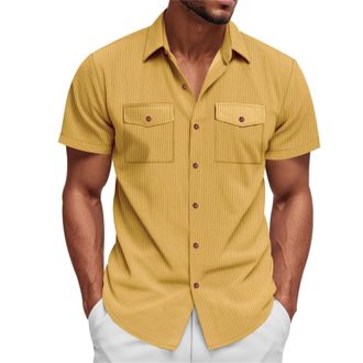 Generic DENGJIAMY Corduroy Shirt Men Summer Casual Beach Vacation Tee Short Sleeve Basic Plain Button Down Shirt Collar Tops Classic Tees for Mens (Yellow, M)