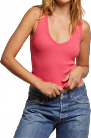 perfectwhitetee Maria Rib V Neck Tank In Pink Bloom