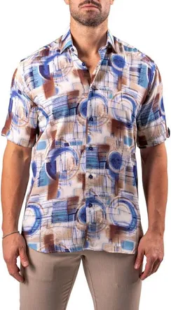 Maceoo Galileo Resistance Abstract Print Short Sleeve Button-Up Shirt in Brown at Nordstrom, Size Xxx-Large