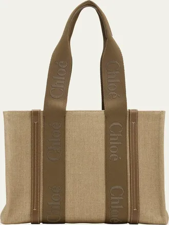 Chloé Woody Medium Tote Bag with Logo Webbing in Canvas