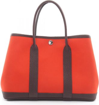 Herm&egrave;s Brown Red Color Toile Officier Canvas Negonda Leather Handbag Tote Bag (Pre-Owned)