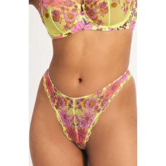 Savage x Fenty Mod Poppy Brazilian Panties in Sunny Lime Floral Play Lace at Nordstrom, Size X-Small