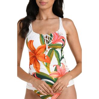 La Blanca Jungle Blossoms Tie Neck Tankini in Orange Multi at Nordstrom, Size 16