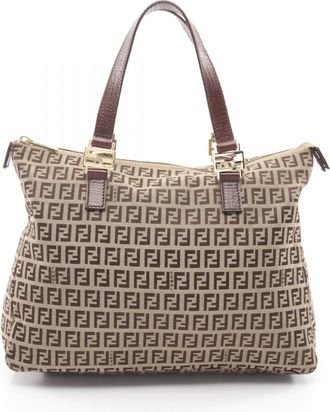 Fendi Beige Brown Canvas Leather Handbag Tote Bag (Pre-Owned)