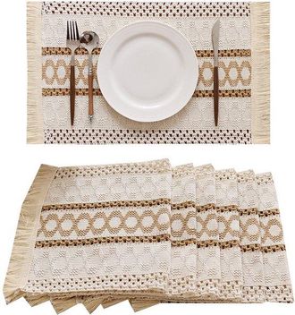 OEM Manteles Individuales - 6 Piezas - Tejido - Flecos - Lavable - Antideslizante - Posavasos - Mantel Individual - 30&times;50 Cm - Beige