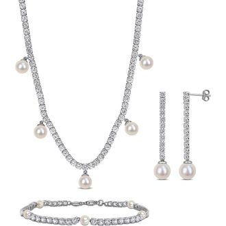 Delmar Lab Grown White Sapphire & Cultured Pearl Earrings, Bracelet & Necklace Set at Nordstrom Rack