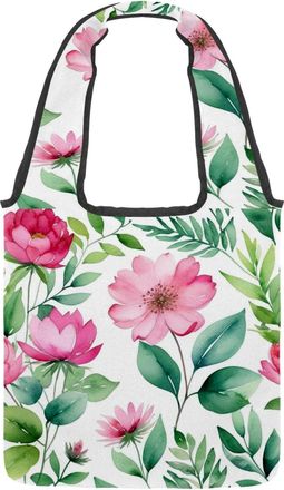 Generic Flowers and Green Leaves Reversible Canvas Shoulder Tote - Double-Sided Print, 12oz Cotton, 27cm Drop, Fold-Flat Bag for Travel, Shopping, Street Outi