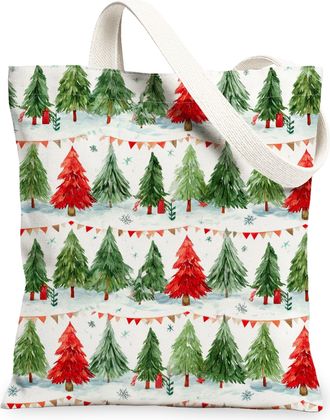 Generic Christmas Tree Canvas Tote Bags, Holiday Nature Pattern Reusable Bags, Winter Rustic Lightweight Washable Shoulder Strap Ca, Green, 13x15 Inch