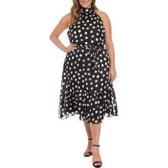 London Times Tie Waist Halter Midi Dress in Black/Cream at Nordstrom Rack, Size 20W
