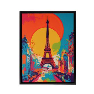 Artery8 Eiffel Tower Paris Sunset Vibrant Pop Art Framed Canvas Wall Art Print | Size: W24 x H32