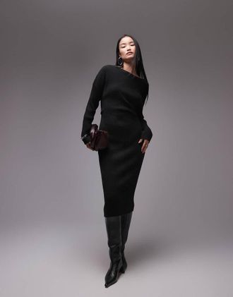 Arket knitted rib midaxi dress with twisted drape detail in black