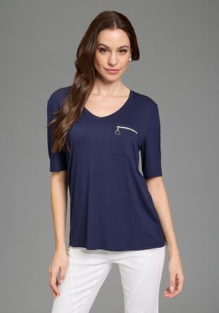 Bruno Banani T-Shirt BRUNO BANANI, Damen, Gr. 32/34, navy, Jersey, Obermaterial: 95% Viskose, 5% Elasthan, unifarben, figurumspielend h&uuml;ftlang, tiefer V-Ausschnitt