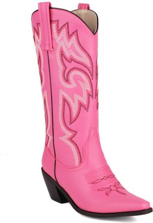 Generic Womens Square Toe PU Leather Long Boots Pull on Western Cowboy Boot with Embroidery Chunky Heel Mid-Calf Boots,Pink,9.5 UK