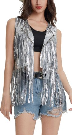 Feoya Womens Fringe Vest Sparkly Sequin Gilet Top Glitter Tassel Waistcoat for Women Shiny Open Front Cardigan Ladies Vintage Hippie Sleeveless Jacket Spark