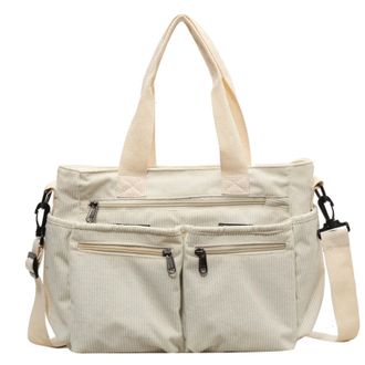 Generic Womens Small Plain Corduroy Shopping Bag, Shoulder Bag with Large Capacity and Zip Pockets, Corduroy Shopping Bag and Bag, White, One Size