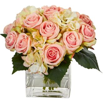 Nearly Natural Rose and Hydrangea Bouquet Artificial Arrangement in Vase in Pink at Nordstrom