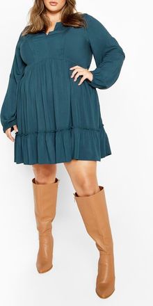 City Chic Mira Long Sleeve Tiered Minidress in Teal at Nordstrom, Size Xxs
