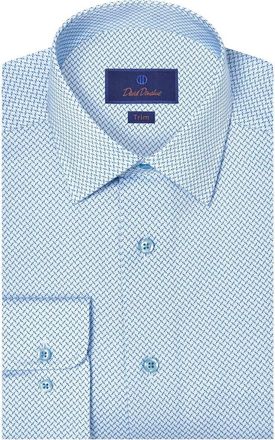 David Donahue Trim Fit Geometric Cotton Dress Shirt in White/sky at Nordstrom, Size 14.5