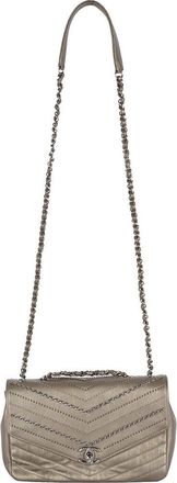 Chanel Grey Leather Embellished Chain Sequins Chevron Flap Bag, Never Carried (Authentic Pre-Loved)