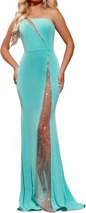 Jovani Crystal Embellishments One Shoulder Dress In Turquoise