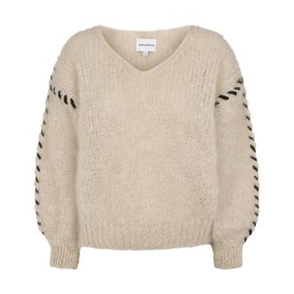 Americandreams Mohair Gebreid - Beige - Dames - V-hals truien - Beige - S - Wol - Truien & Vesten