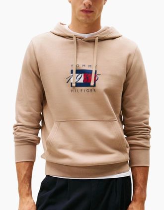 Tommy Hilfiger Mens Tommy Hilfiger Mens Flag Graphic 1985 Hoodies Casual Cotton Long Sleeve Top - Cream - Size: 38