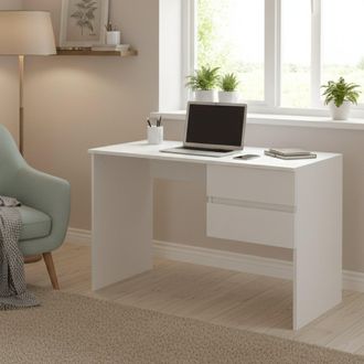 Dmora Escritorio Carpino, Escritorio Lineal Con 2 Cajones, Mesa De Estudio Multiusos Y Que Ahorra Espacio, 100% Made In Italy, 110x53h76 Cm, Blanco, Con Emb