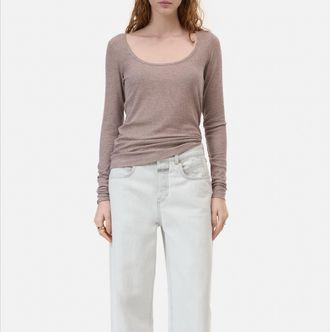 Closed Ripped Ribbed Long Sleeve Tee In Beige