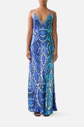 Camilla V Neck Full Length Bias Slip Dress in The Sapphire Serpent at Nordstrom, Size Xx-Large Au