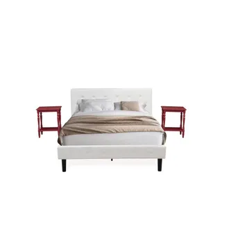East West Furniture NL19Q-2BF13 3 Piece Bedroom Set - 1 Platform Bed White Velvet Fabric Headboard and 2 Night Stands - Burdy Finish Nightstand