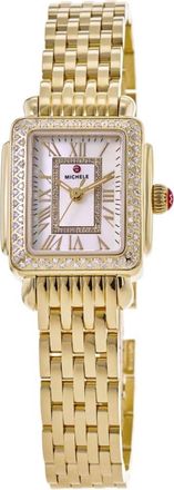 Michele Deco Madison Diamond White Mother of Pearl Dial 18K Gold Plated Steel Womens Watch MWW06D000173