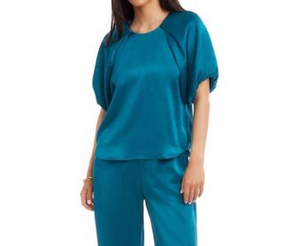 Karen Kane Puff Sleeve Satin Top In Teal