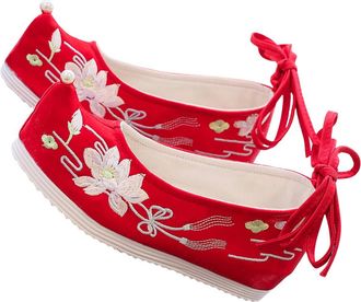 Generic WomenS Ethnic Style Embroidered Cloth Shoes with Wedge Heel, Red Vintage Hanfu Cosplay Footwear for Spring Summer, Size 39