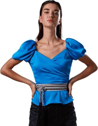 Moskada Blauwe Satijnen Blouse - 46 - Dames - T-shirts - Blauw - 3XL - Satijn - Tops